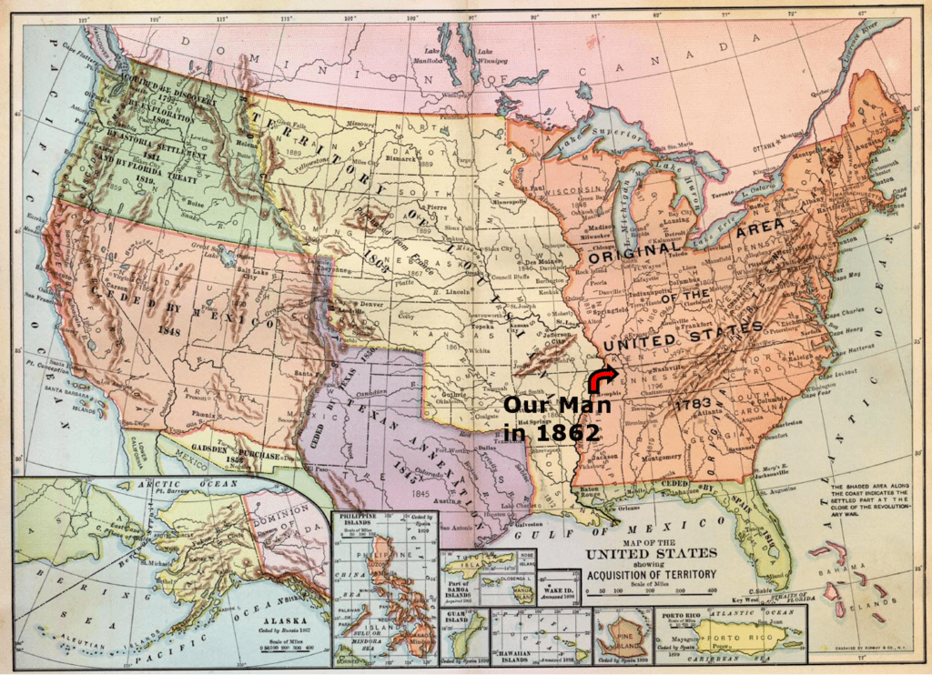 A map of the united states with an arrow pointing to our man in 1 8 6 2.